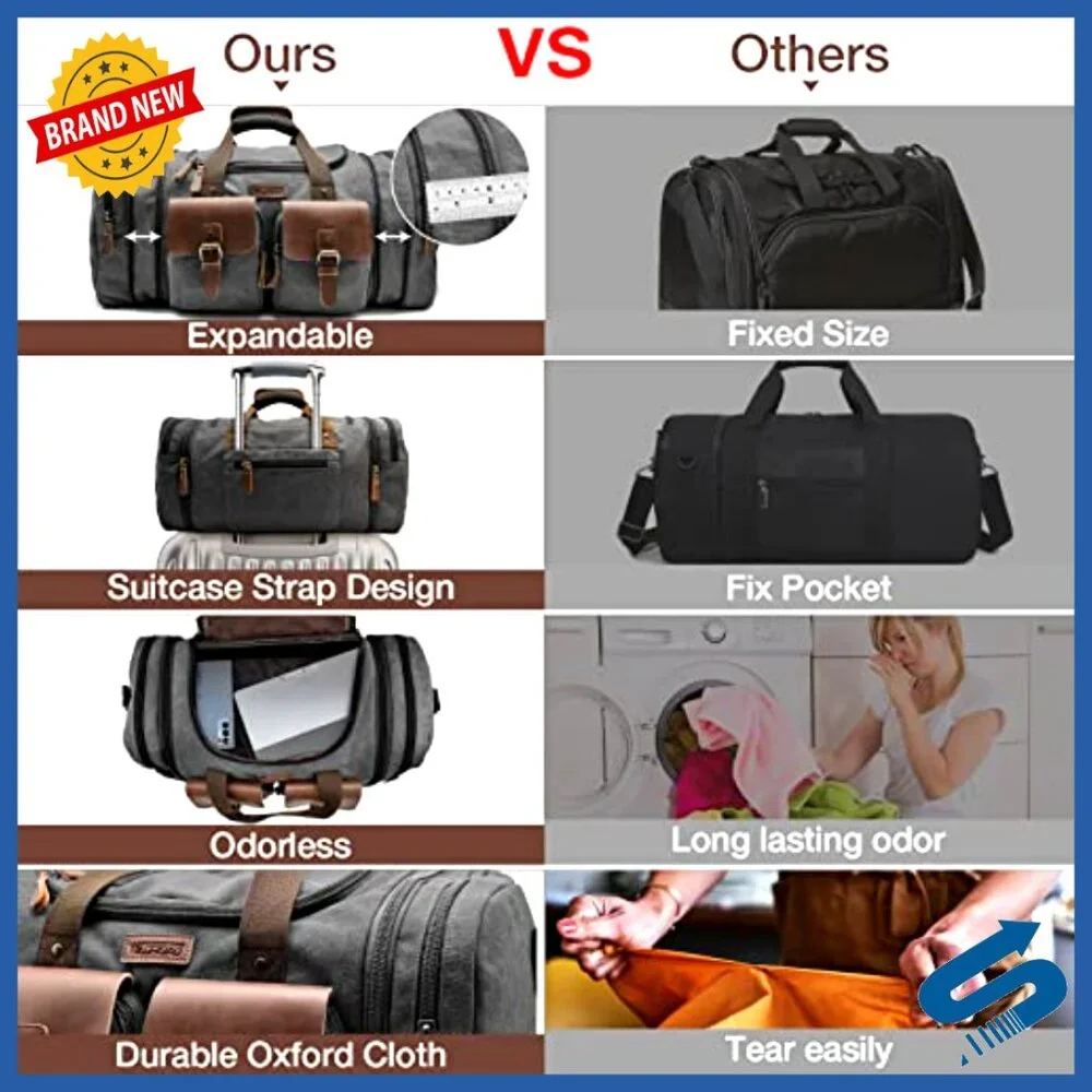 Retro Canvas Leather Duffle Bag Expandable Weekender Carry On Travel Duffel